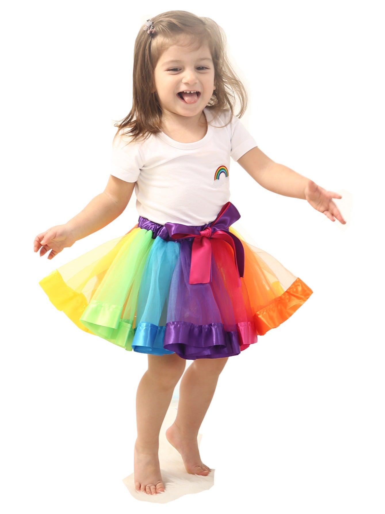 Girls Rainbow Mesh Tutu Skirt Dance Princess Colorful Skirt