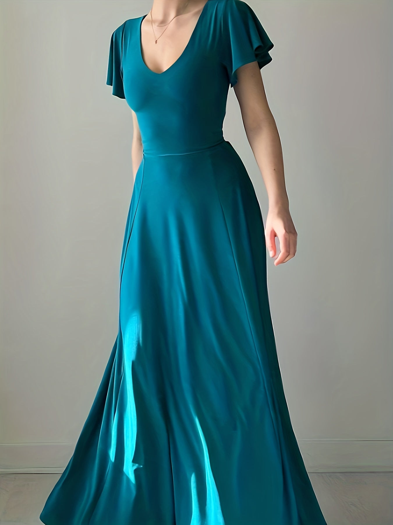Solid Ruffle Sleeve V Neck Maxi Party Dress