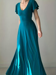 Solid Ruffle Sleeve V Neck Maxi Party Dress