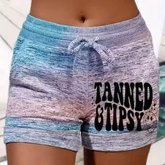 Smile & Letter Print Drawstring Shorts Women's Clothing