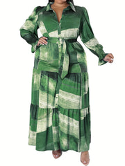 Patchwork Print Button Up Puff Sleeve Maxi Smock Dress