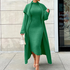 Solid Flannel Cardigan & Midi Dress Set