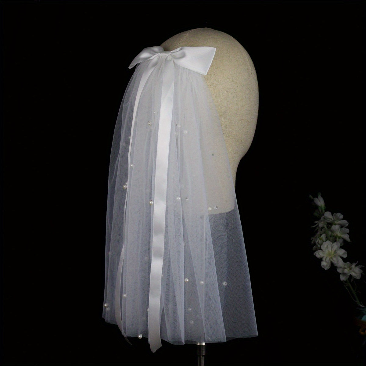 Vintage Double Layer Bridal Veil with Pearl Accents Short Length Yarn Material