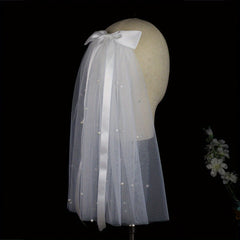 Vintage Double Layer Bridal Veil with Pearl Accents Short Length Yarn Material