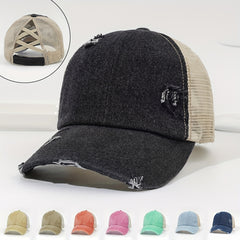 Distressed Ponytail Trucker Hat Adjustable Baseball Cap