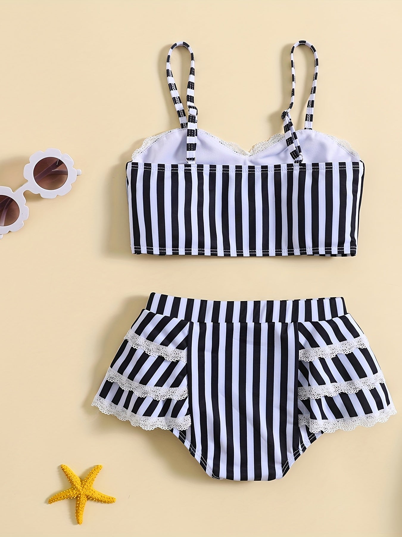 Girls Striped Cami Top & Mid Stretch Shorts Bikini Tankini Swimsuit Set