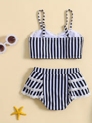 Girls Striped Cami Top & Mid Stretch Shorts Bikini Tankini Swimsuit Set
