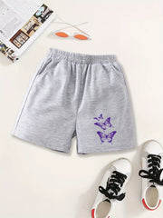 Girls Shorts Purple Butterfly Print Comfy Fit Elastic Waist Work Out Shorts