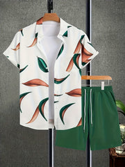 Men's Leaf Print Hawaii T shirt & Beach Shorts Matching Set