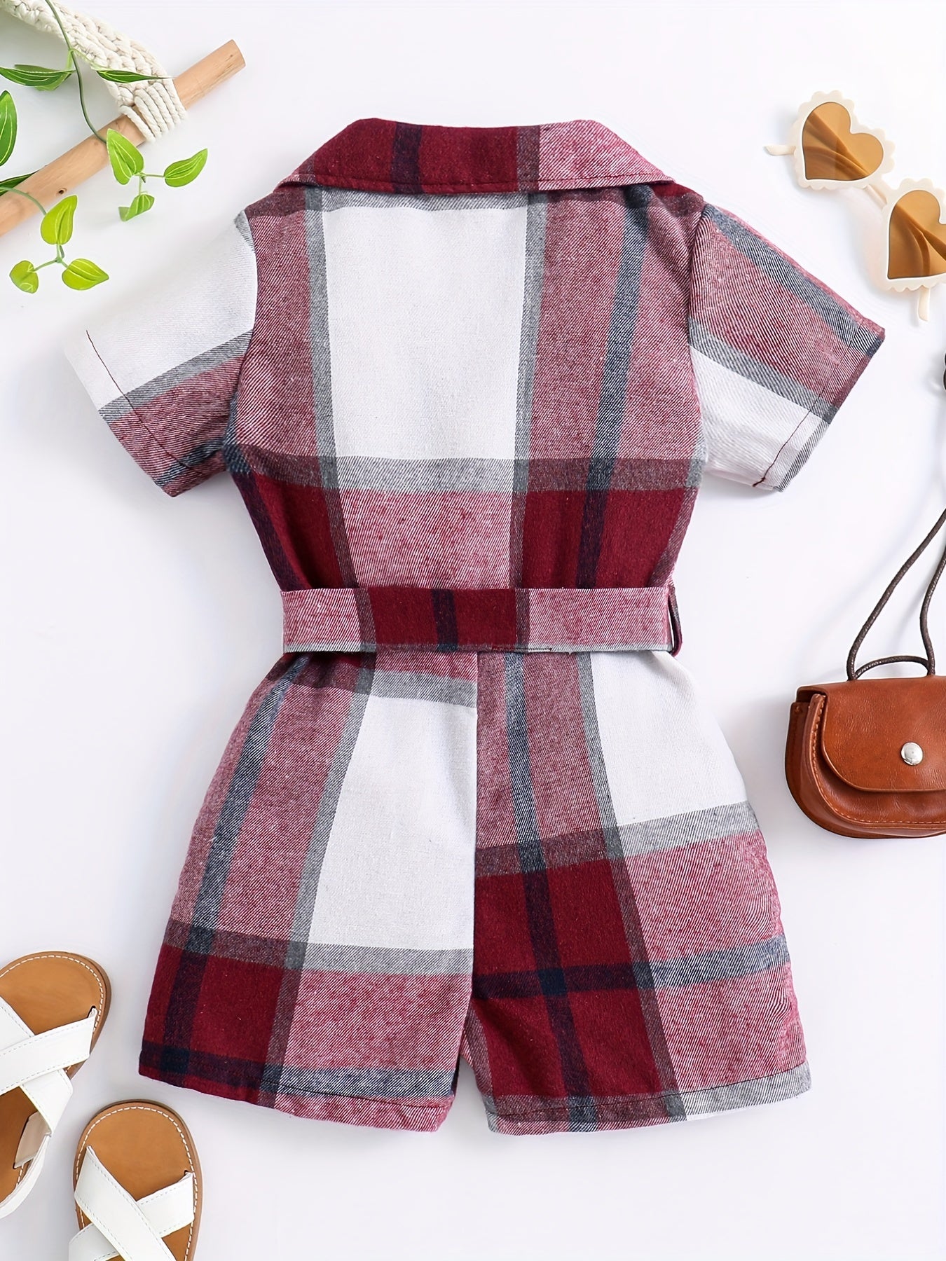 Girls Plaid Jumpsuit Button Short Sleeve Bow Belt Summer Outfit