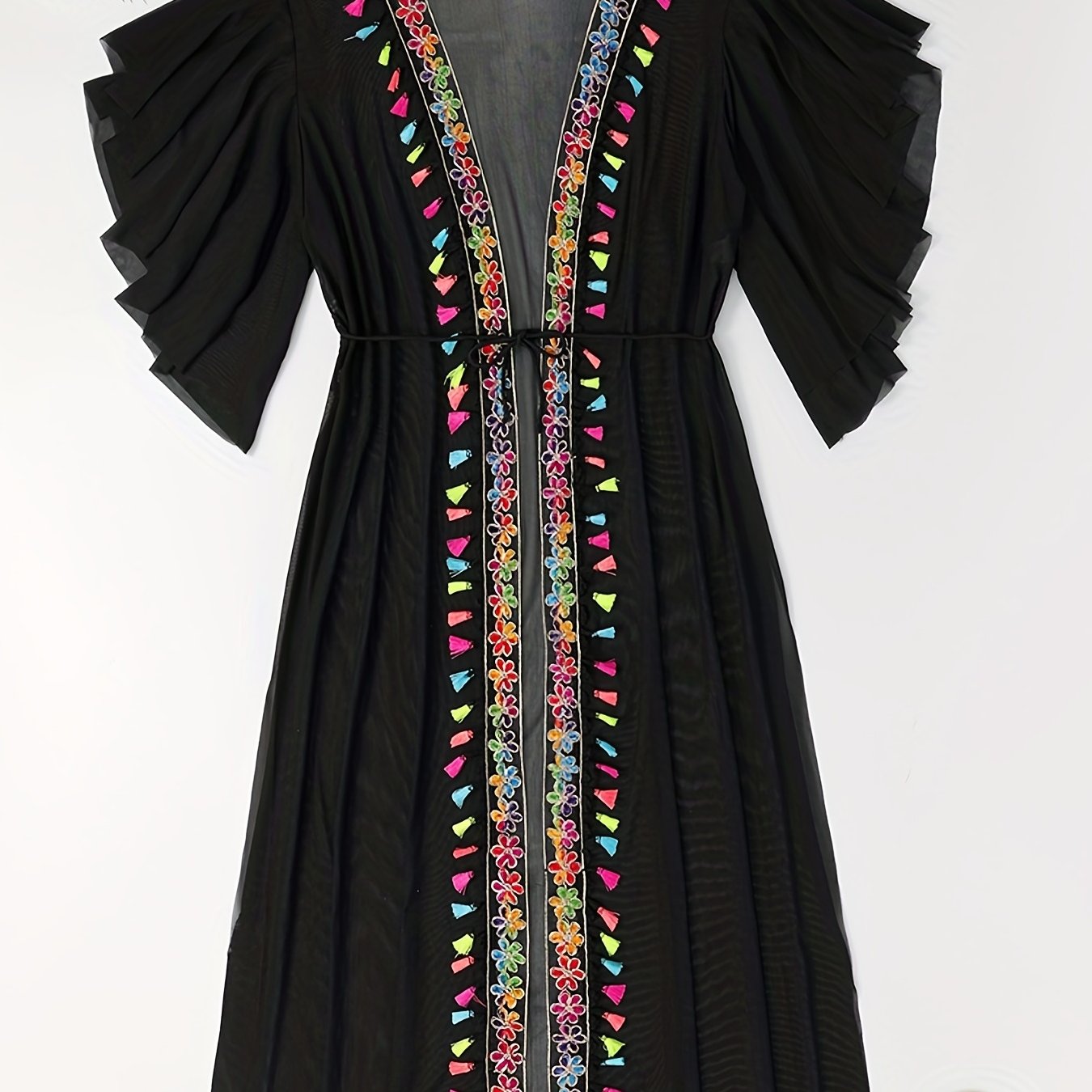 Boho Cover Up Flower Appliques Fringe Trim Ruffle Sleeve Mesh