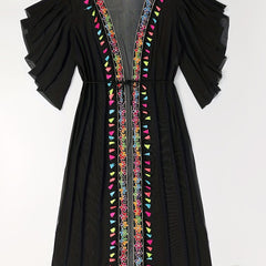 Boho Cover Up Flower Appliques Fringe Trim Ruffle Sleeve Mesh