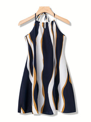 Geo Print Keyhole Dress Halter Neck Sleeveless Summer Dress