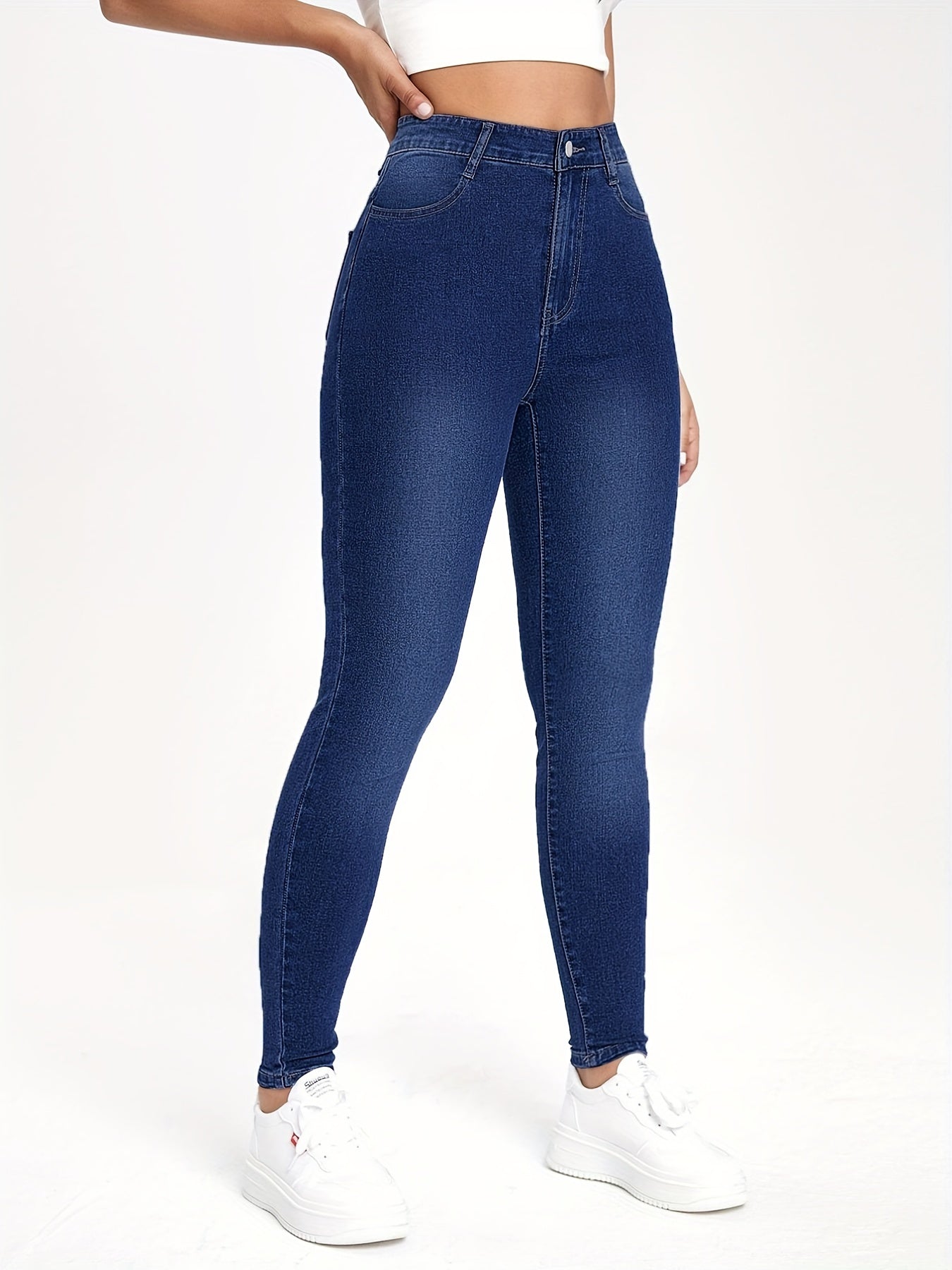 High Waist Skinny Jeans Slim Fit High Rise Slash Pockets Slight Stretch