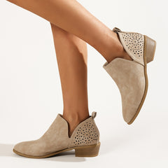 Women's Block Heel Ankle Boots V-Cut Pointed Toe Slip-On Short Boots