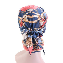 Navy Chain Print Turban Cap Satin Elastic Headband Wrap Hair Cap