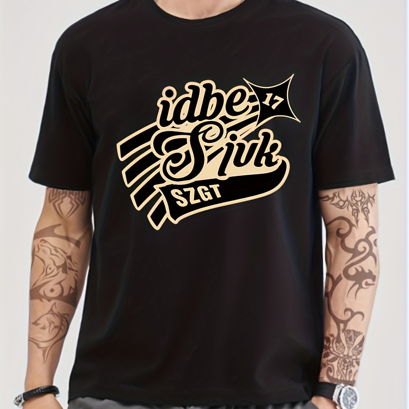 Solid Cotton Retro Letter Print Men's Graphic Crew Neck T shirt