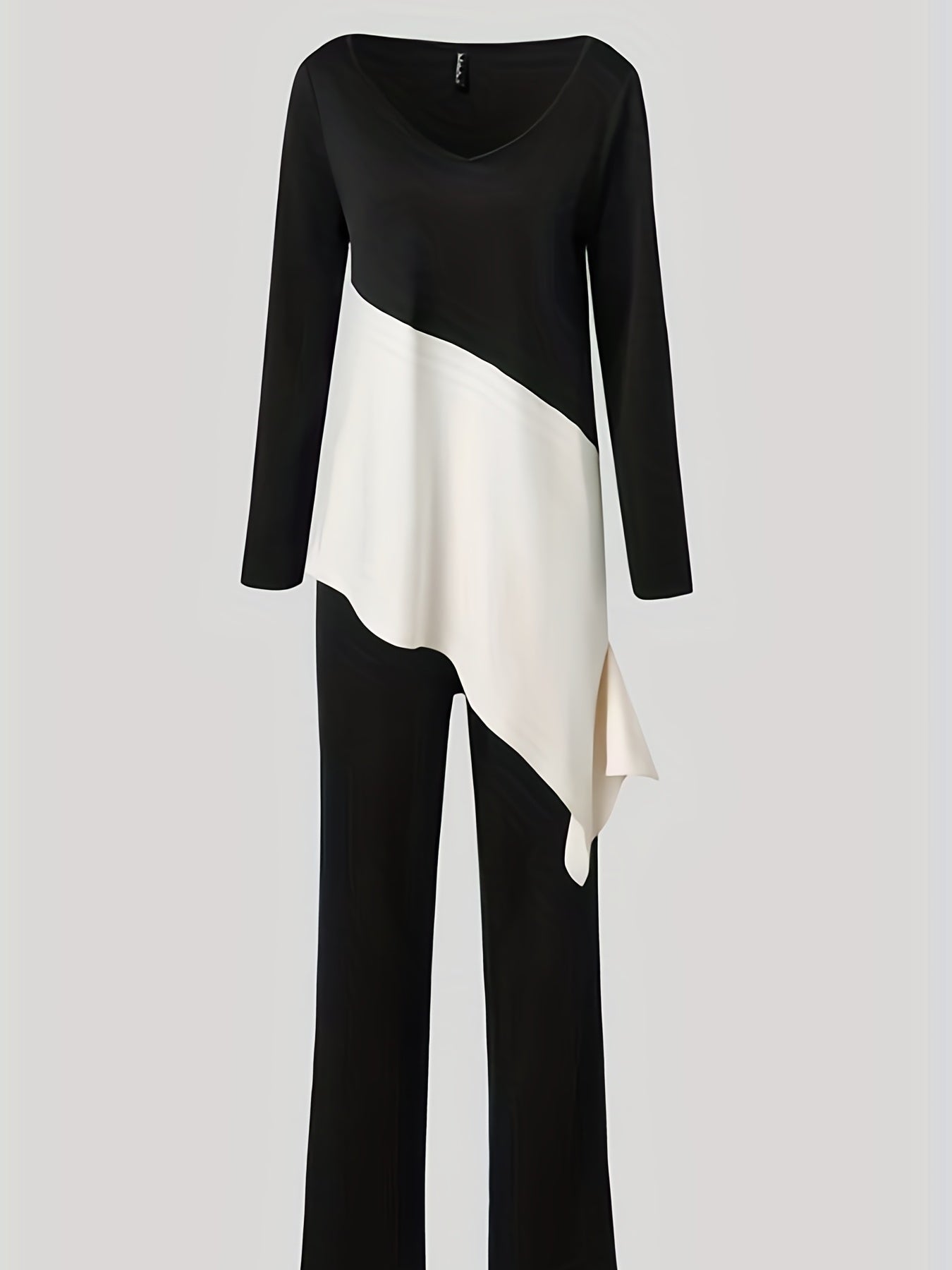 Casual Colorblock Two piece Set Long Sleeve V Neck Top & Pants Outfits