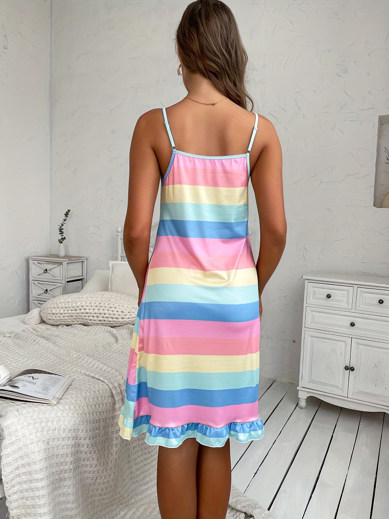 Rainbow Stripe Ruffle Slip Nightdress Women's Sleepwear Dress