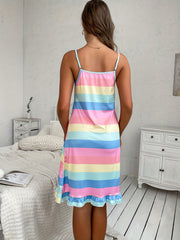 Rainbow Stripe Ruffle Slip Nightdress Women's Sleepwear Dress