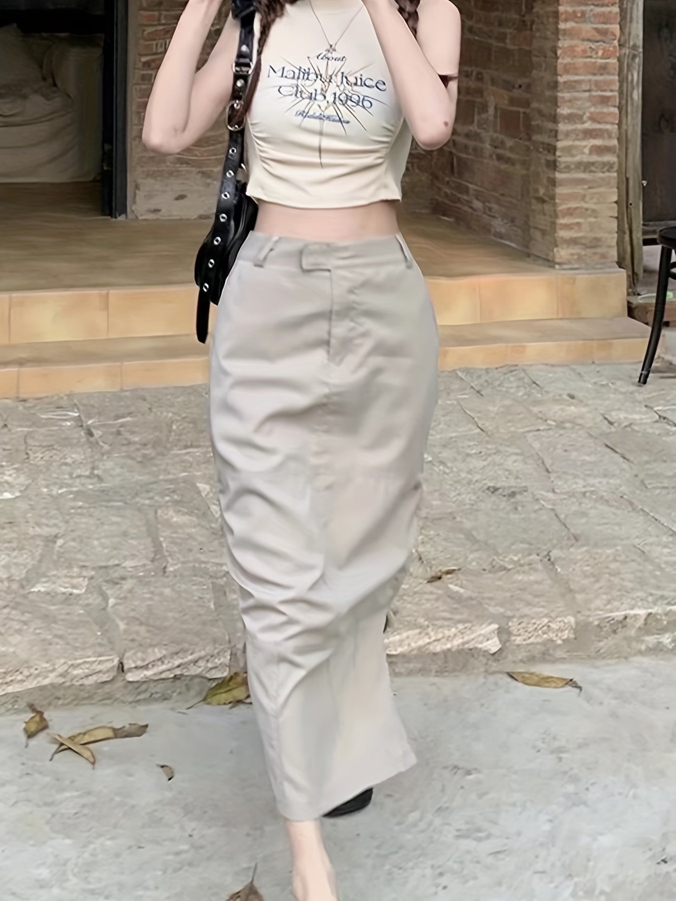 Solid Cargo Skirt High Waist Split Skirt
