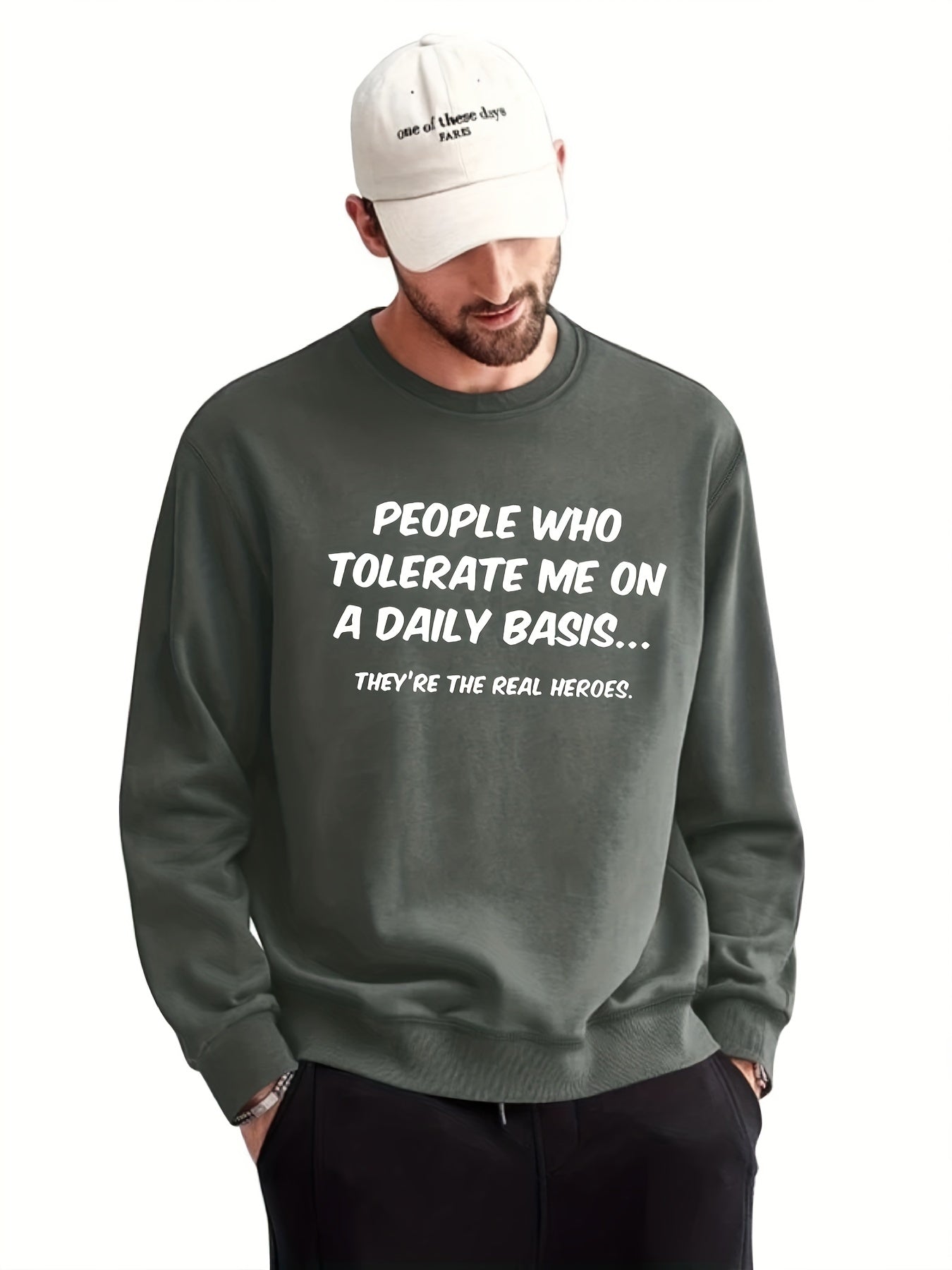 Funny Slogan Print Sweatshirt Men's Casual Graphic Crew Neck Pullover Sweatshirt