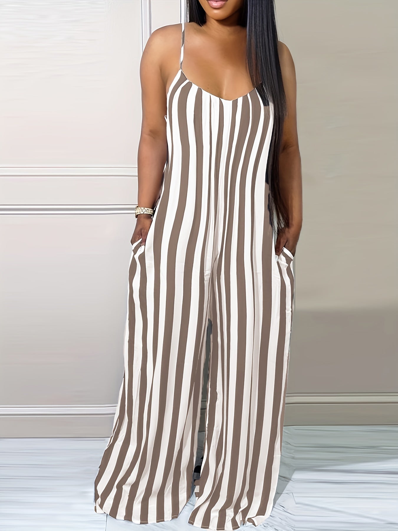 Stripe Print Cami Jumpsuit Spaghetti Strap Women's Clothing
