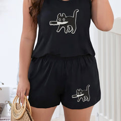 Cat Print Tank Top & Shorts Lounge Set