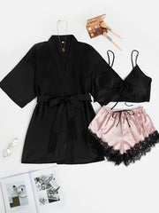 Satin Pajama Set V Neck Robe & Cami Top & Lace Trim Shorts