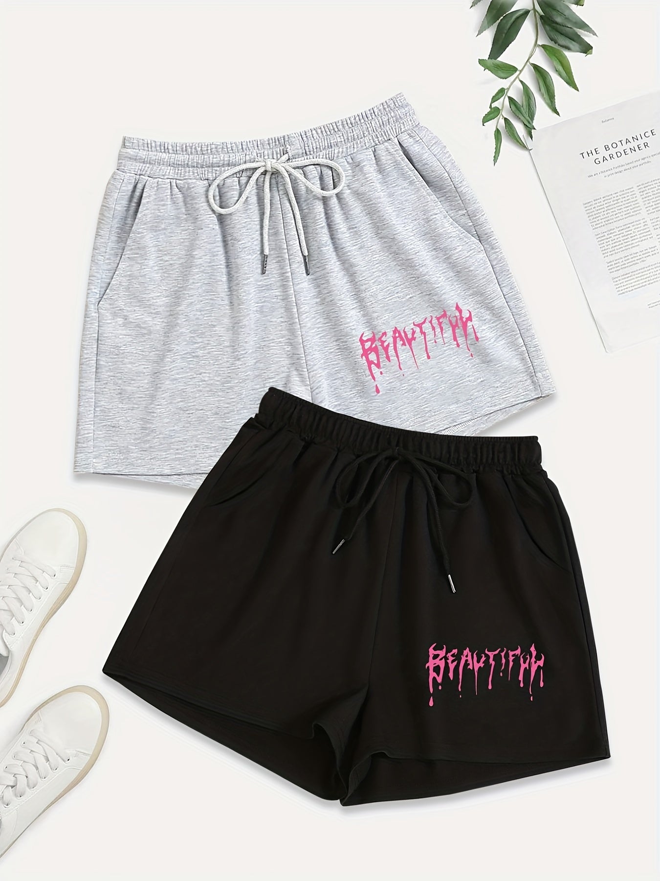 2 Pack Plus Size Sporty Shorts Set Women's Plus Art Letter Print