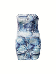 Plus Denim Print Medium Stretch Mini Tube Dress