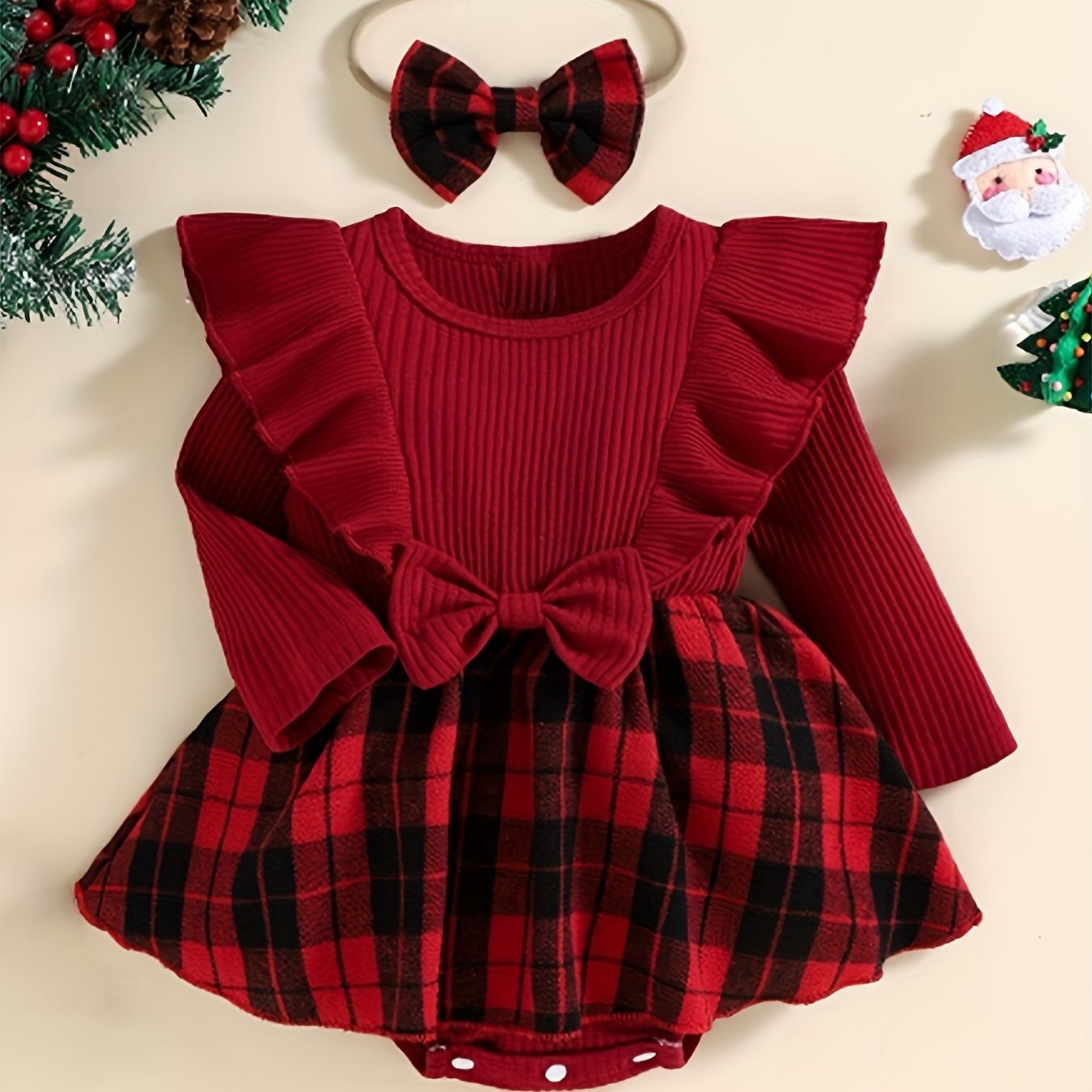 2pcs Baby Girls Christmas Plaid Stitching Skirt Romper Set