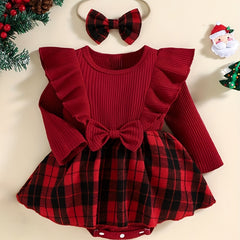 2pcs Baby Girls Christmas Plaid Stitching Skirt Romper Set
