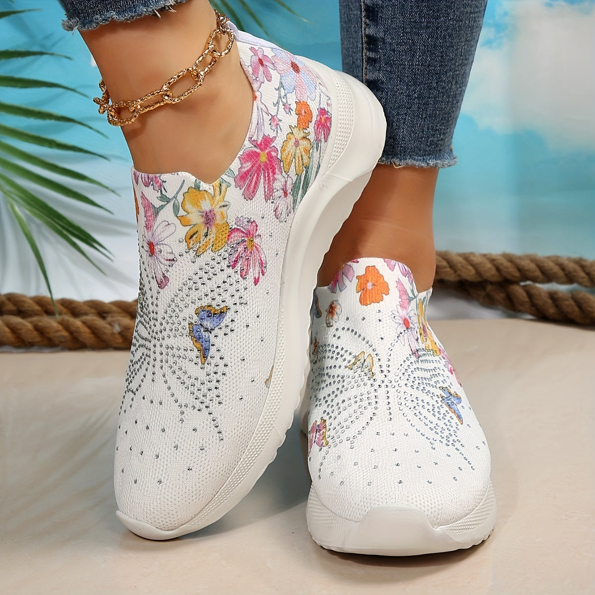 Women's Rhinestone Platform Sneakers Casual Flower & Butterfly Shoes
