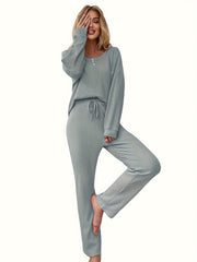 Solid Waffle Lounge Set Long Sleeve Top & Pants Women's Loungewear
