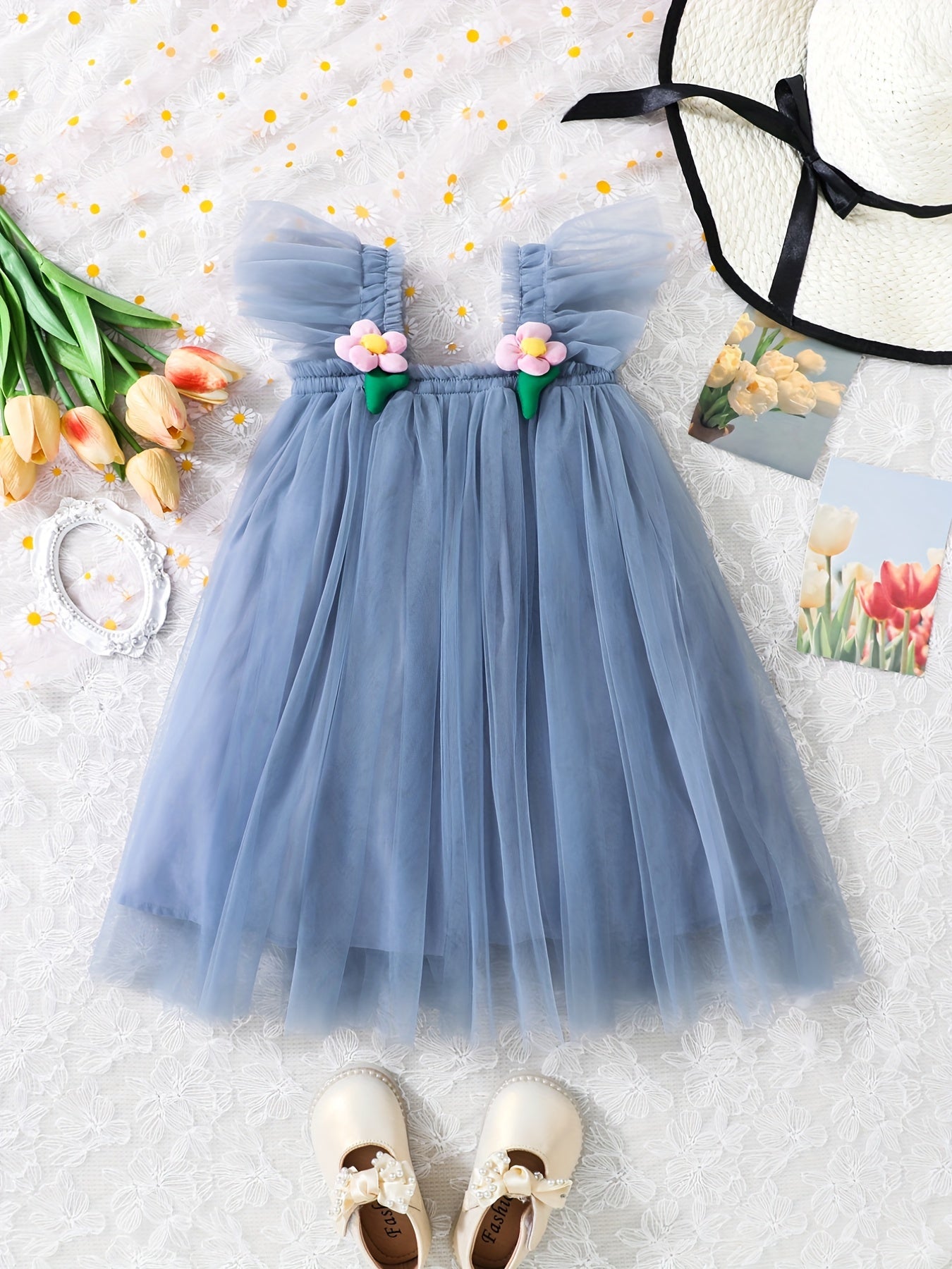 Girls Sweet Princess Mesh Puffy Skirt Ruffle Overall Dress