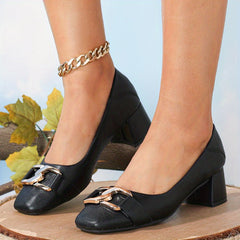 Chunky Heeled Pumps Square Toe Slip On Mid Heels Work Shoes