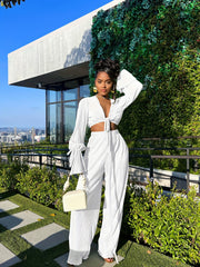 Sexy Long Sleeve Crop Top & Wide Leg Pants Set