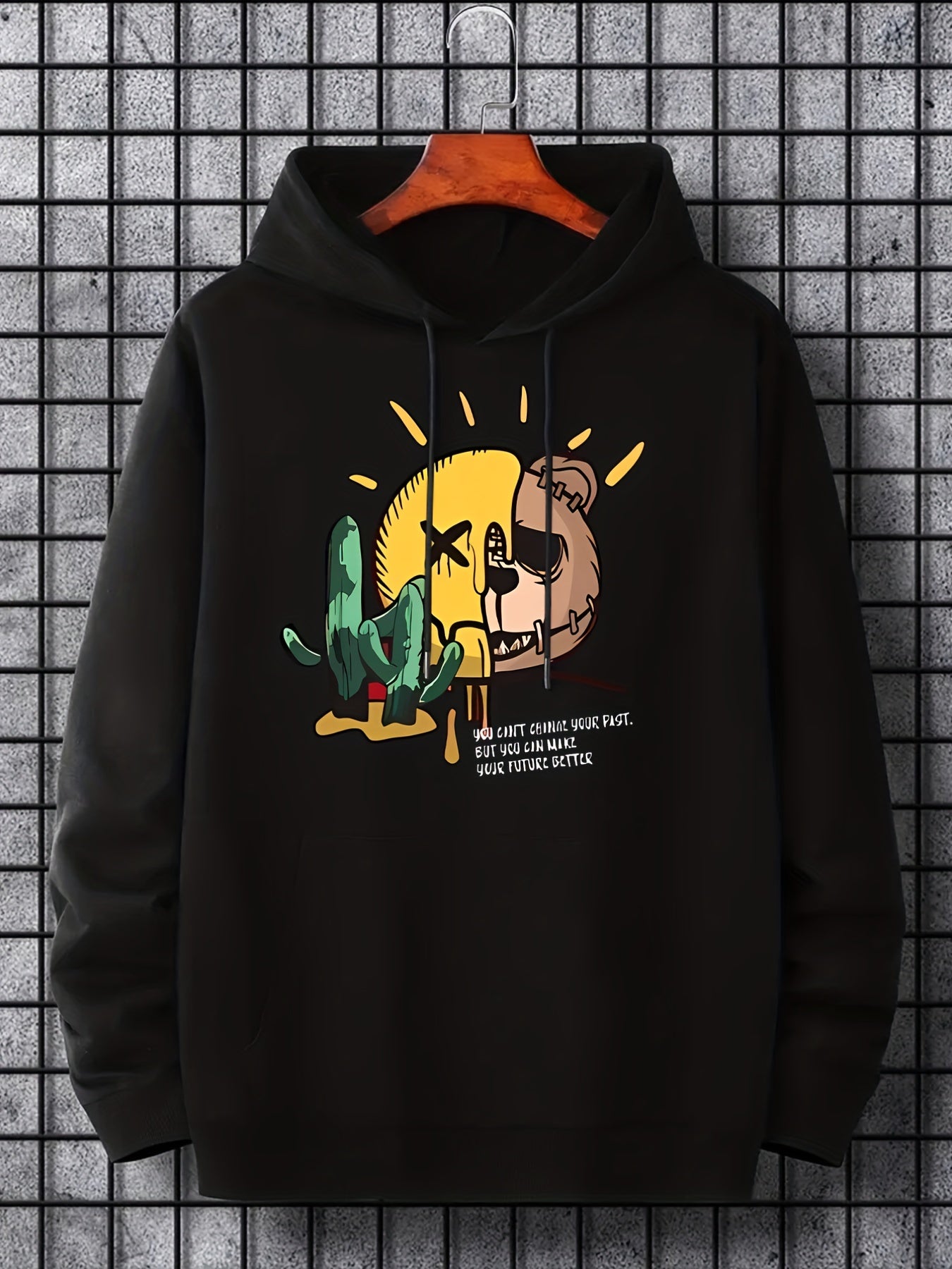 Smile & Teddy Bear Print Hoodie Men's Pullover Sweatshirt