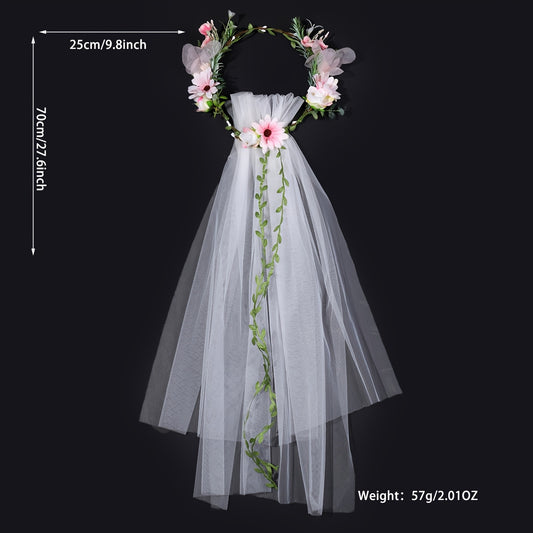 Romantic Pink Floral Bridal Veil with Crown