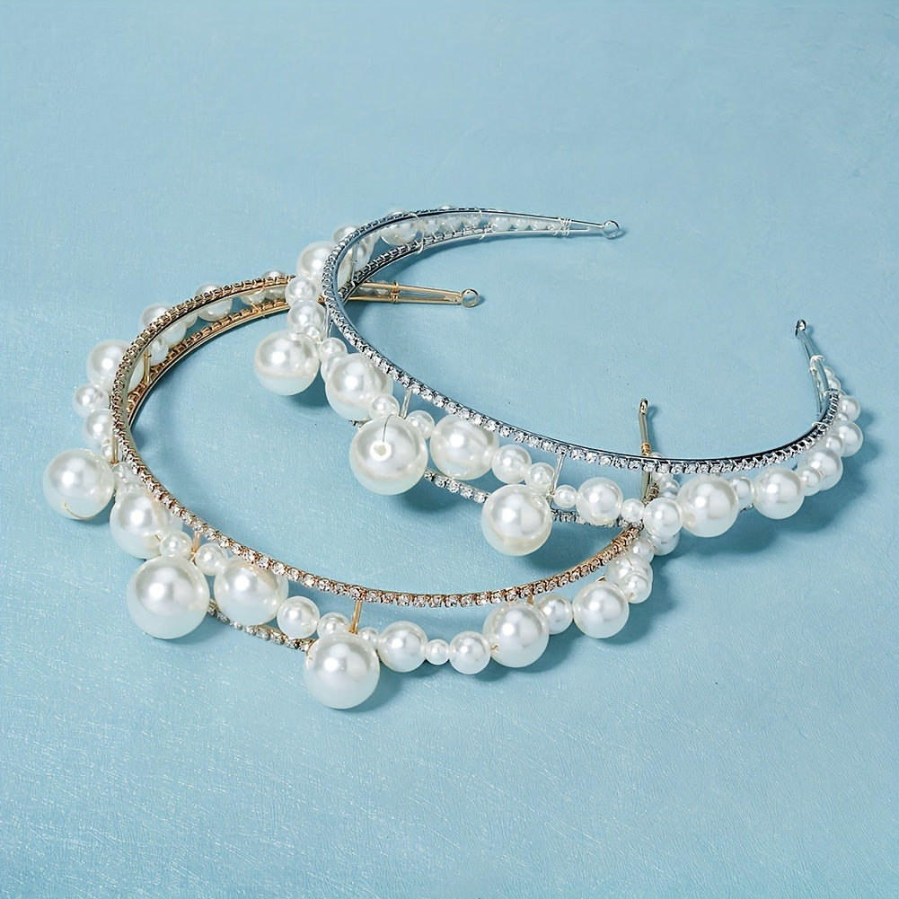 Rhinestone Headband Faux Pearl Beads Crown Hair Accessories