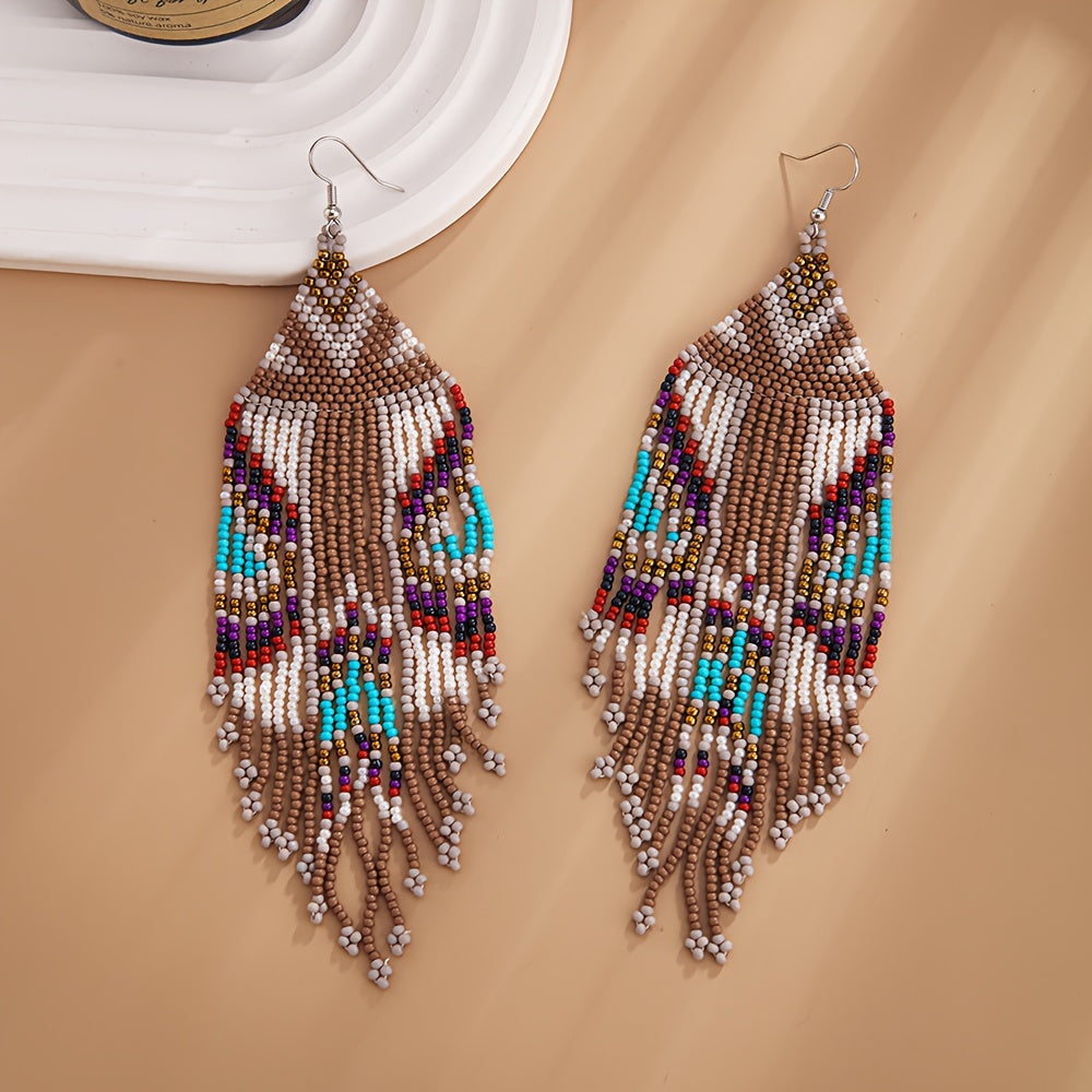 Long Beaded Tassel Earrings Bohemian Style Fringe Drop Earrings