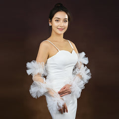 Bridal Wedding Gloves with Mesh & Fluffy Sleeves