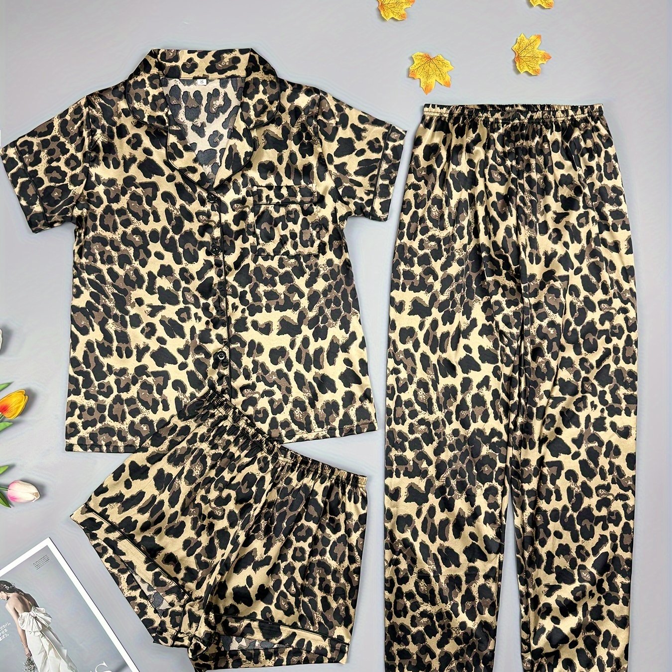Leopard Print Pajama Set Short Sleeve Top & Shorts & Pants