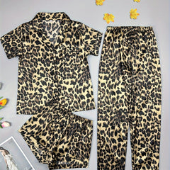 Leopard Print Pajama Set Short Sleeve Top & Shorts & Pants