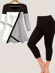 Colorblock Geo Print Peplum Top & Leggings Set