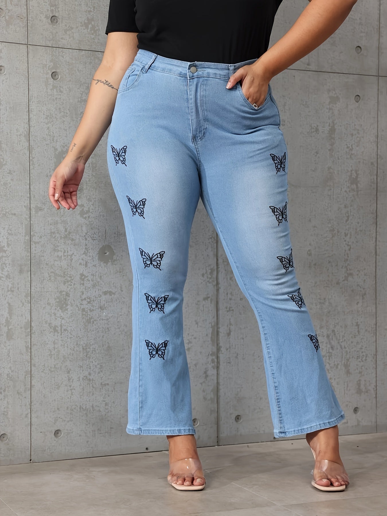 Butterfly Print High Rise Flared Leg Jeans