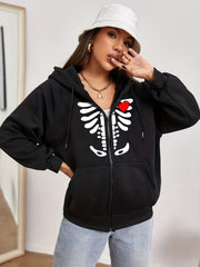 Skull & Heart Print Zip Up Hoodie Sweatshirt
