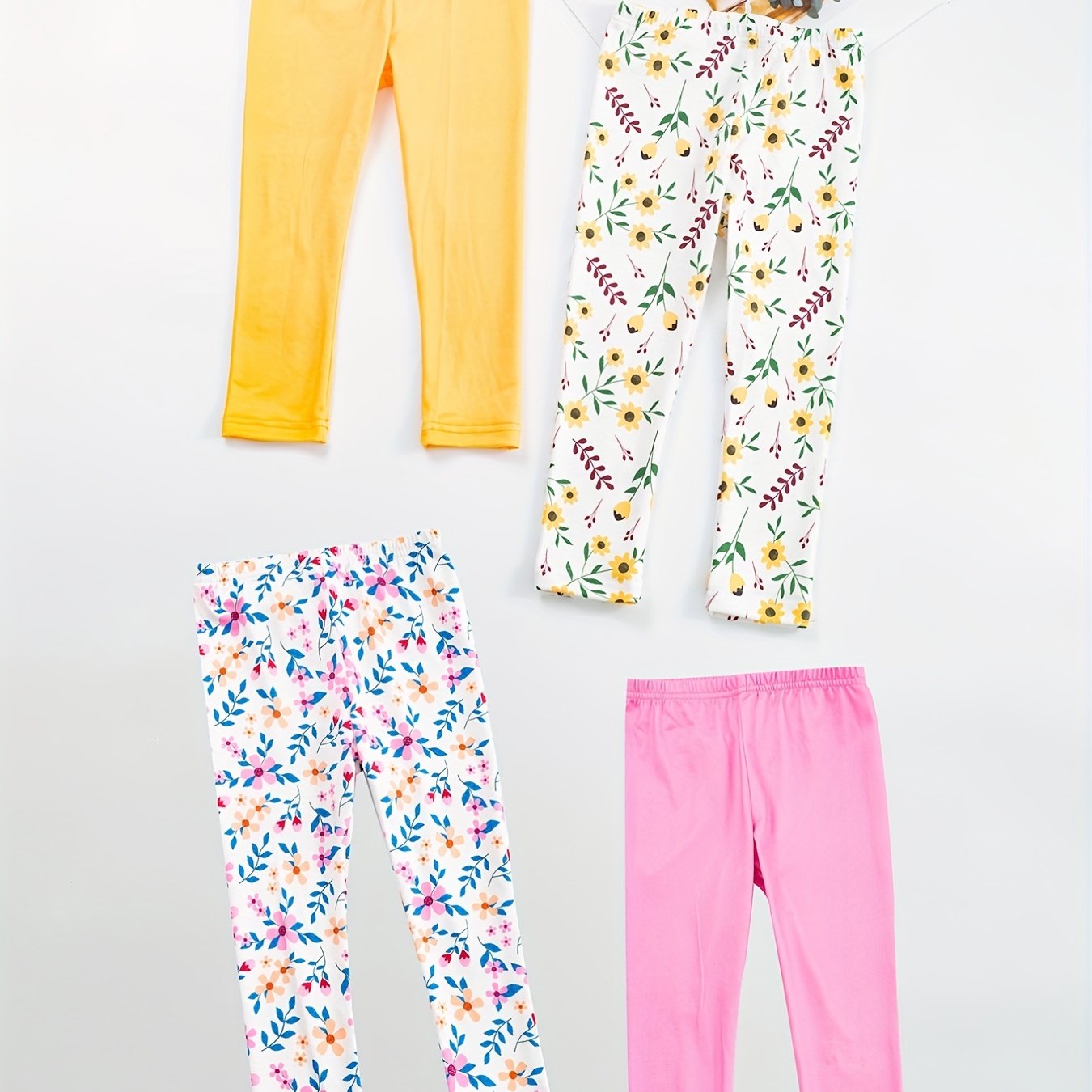 4pcs Girls' Stretch Ankle Pants Plain & Floral Print Casual Kids Pants