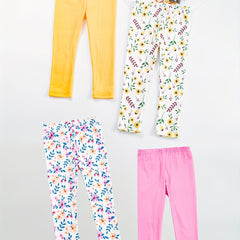 4pcs Girls' Stretch Ankle Pants Plain & Floral Print Casual Kids Pants